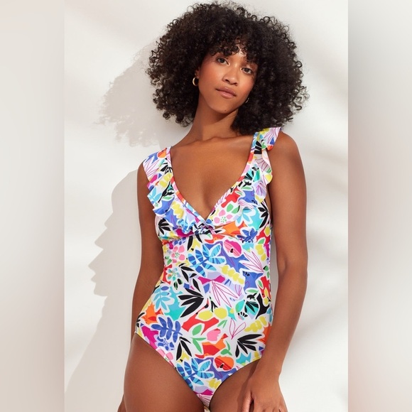 NWT Caribbean Joe Island Supply Co. Ruffle V-Neck One Piece Swimsuit, Size 14 - Picture 3 of 10